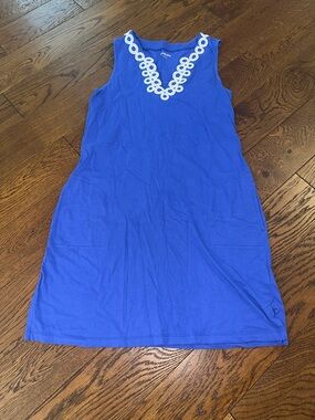 Lands End Women’s Blue/Purple Sleeveless Dress with White Trim